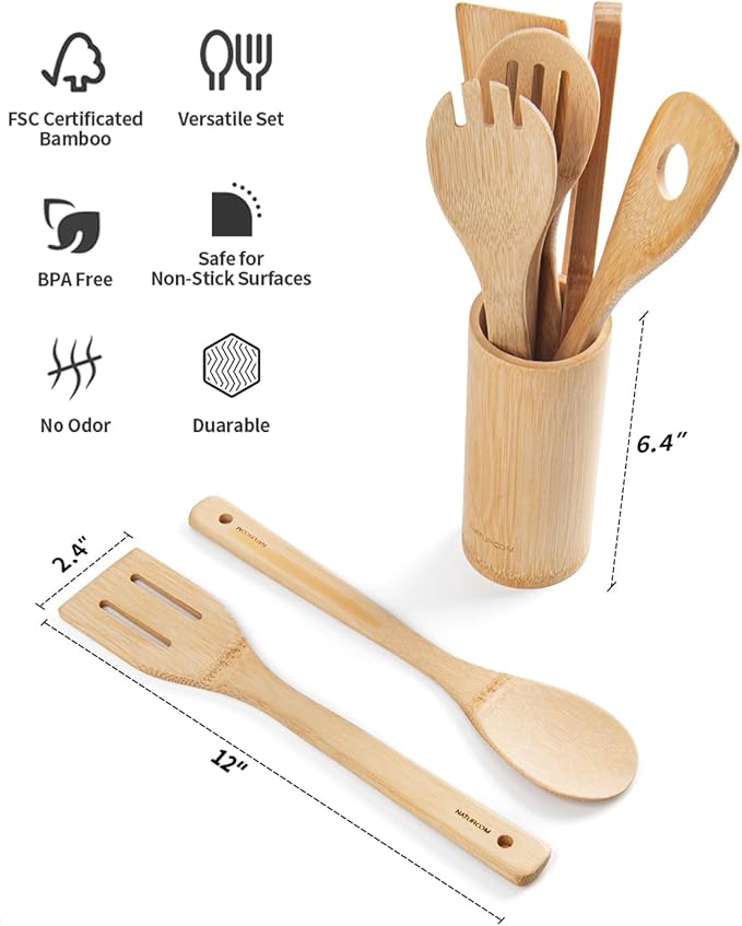 Naturoom Kitchen Utensils Set of 8 PCS, 12Inches Bamboo Wooden Cooking Spoon & Spatula Tools Perfect for Non-Stick Cookware (Bamboo 12inches)