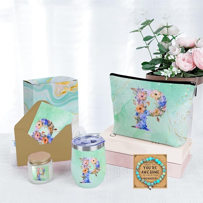 Personalized Gifts for Women Monogrammed Birthday Gifts for Women, Wife Girlfriend Wedding Christmas, Initial Wine Tumbler Makeup Bag Scented Candle Bracelet Set, (Aesthetic Green Flower P)