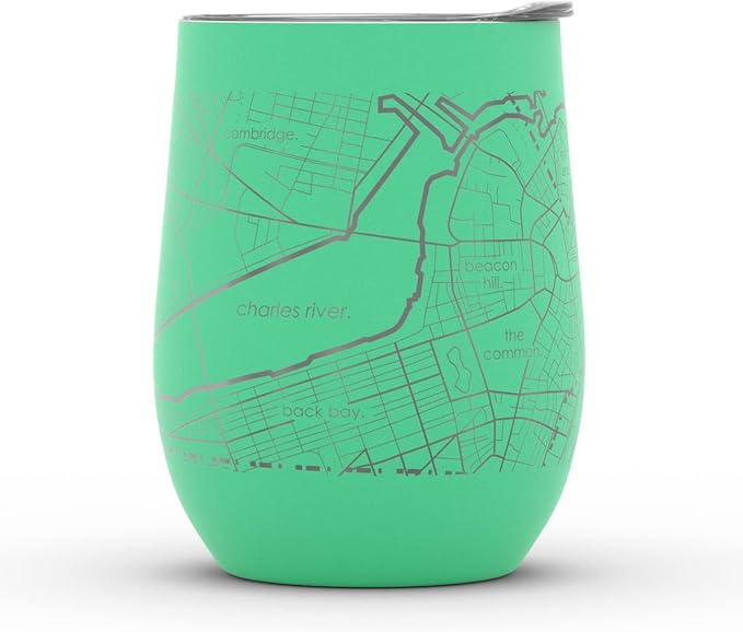 Well Told Engraved Boston Massachusetts Map Insulated Wine Tumbler, Etched Stainless Steel Cup (12 oz, Sunday Green) City Map Insulated Tumbler, Custom Insulated Tumbler, Outdoor Drinkware