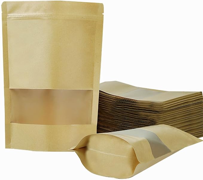 100 PCS Resealable Bags, Stand Up Kraft Paper Bags with Matte Window, Zipper Lock Food Storage Bags for Small Business and Home, 6.2 * 8.6 Inches Reusable Sealable Bags for Packaging