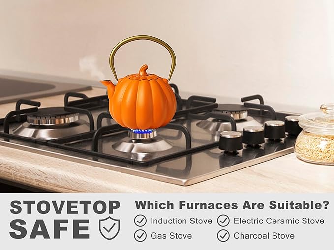 VICSKY Orange Pumpkin Cast Iron Teapot, Natural Pumpkin Color, Japanese Cast Iron Tea Kettle Stovetop Safe with Infuser, Cute Creative Pumpkin Halloween Teapot(40oz/1200ml, Orange)