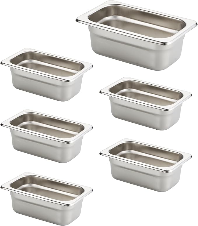 HECMAC 6 Pack Anti-Jam Hotel Pans, 1/9 Size 2-1/2 Inch Deep, Commercial Stainless Steel Chafing Steam Table Pan, Catering Storage Metal Food Pan