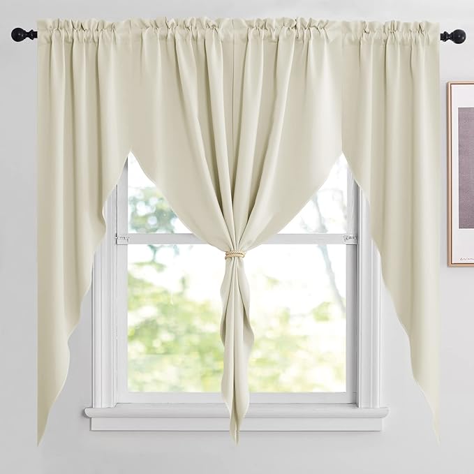 NICETOWN Swag Curtains for Living Room, Room Darkening Kitchen Valances for Sink Over, Farmhouse Short Curtains for Bathroom Casual Weave Curtain Drapes, 2 Panels, W36 x L63, Light Beige