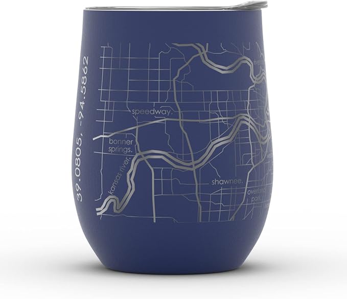 Well Told Engraved Kansas City Missouri Map Insulated Wine Tumbler, Etched Stainless Steel Cup (12 oz, Midnight Blue) City Map Insulated Tumbler, Custom Insulated Tumbler, Outdoor Drinkware
