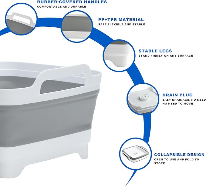 Collapsible Dish Basin, 2.4 Gallon Foldable Kitchen Sink with Drain Plug for Space-Saving Dish Washing, Vegetable & Baby Bottle Cleaning