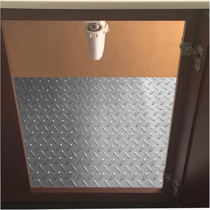 RESILIA - Premium Under The Sink Mat- Large Universal Size, Cut to Fit Cabinets, Shelf & Drawer Liners, Thick Plastic Diamond Plate Surface, 24 x 48 inches, Silver, Made in The USA