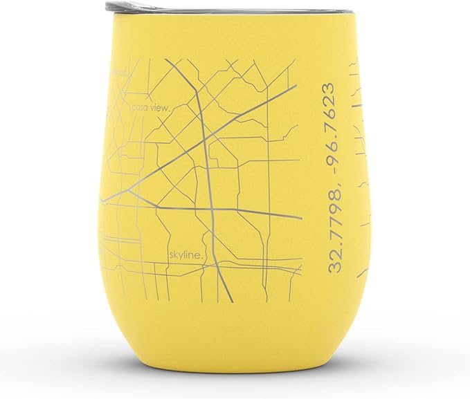 Well Told Engraved Dallas Texas Map Insulated Wine Tumbler, Etched Stainless Steel Cup (12 oz, Sunrise Yellow) City Map Insulated Tumbler, Custom Insulated Tumbler, Outdoor Drinkware