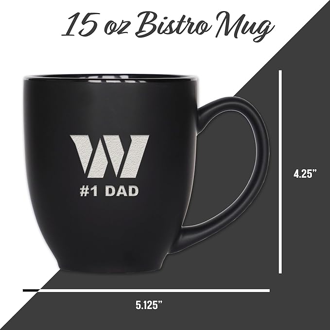 Rico Industries NFL Football #1 Dad 15oz Laser Engraved Matte Black Ceramic Bistro Mug - for Hot or Cold Drinks
