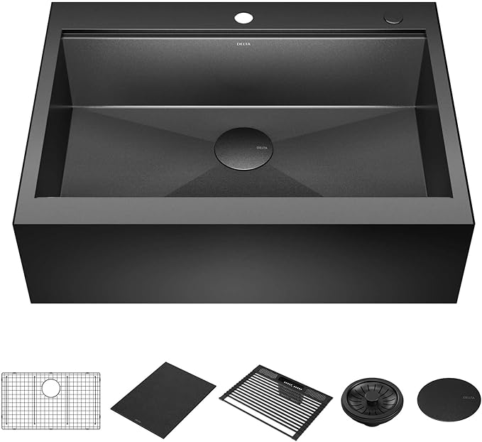 DELTA FAUCET Rivet 30 Inch Black Stainless Steel Retrofit Farmhouse Apron Front 16 Gauge Workstation Kitchen Sink/PVD Gunmetal Finish w/ Accessories for Top Mount Drop-In Installation,95D9031-T30S-GS