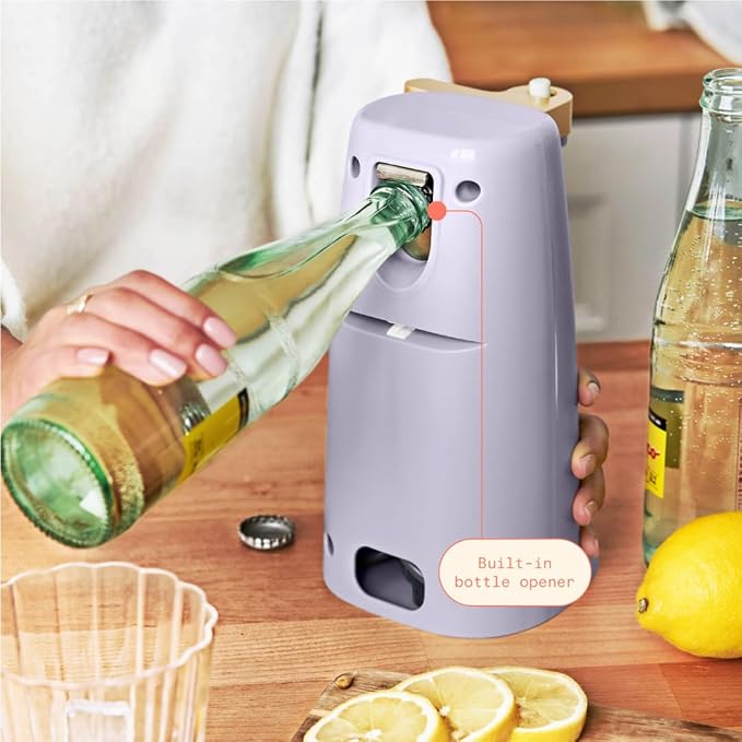 Beautiful Electric Can Opener with Auto-Turn, Magnetic Lid Holder, Knife Sharpener, Bottle Opener, Removable Lever, Cord Storage, No-Tilt Base, Stainless Steel Blade, 70W (Lavender)