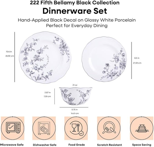 222 Fifth 12-Piece Porcelain Dinnerware Set for 4, White & Black Plates and Bowls Set, Glossy Ceramic Dish Set with Delicate Floral Design, Elegant Kitchen Dishes, Microwave & Dishwasher Safe, Bellamy