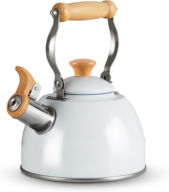 ROCKURWOK Tea Kettle, Tea Pot with Cool Touch Ergonomic Handle, Teapot Food Grade Stainless Steel, Tea Kettle Stovetop, Kettle Teapot, Whistling Tea Kettle, Small Tea Pot, 1.6 Quart (White)