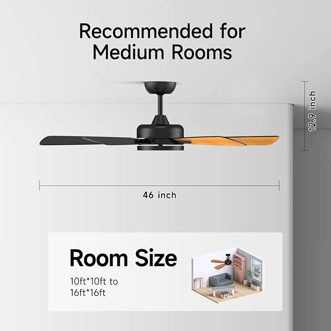 Roomratv Ceiling Fans with Lights,46 Inch,Remote Control,Night Light,Dimmable,Reversible,Noiseless,6 Speeds,Timer,Black Modern Ceiling Fan for Living Room,Bedroom,Kitchens,Kis room,Outdoor Patio