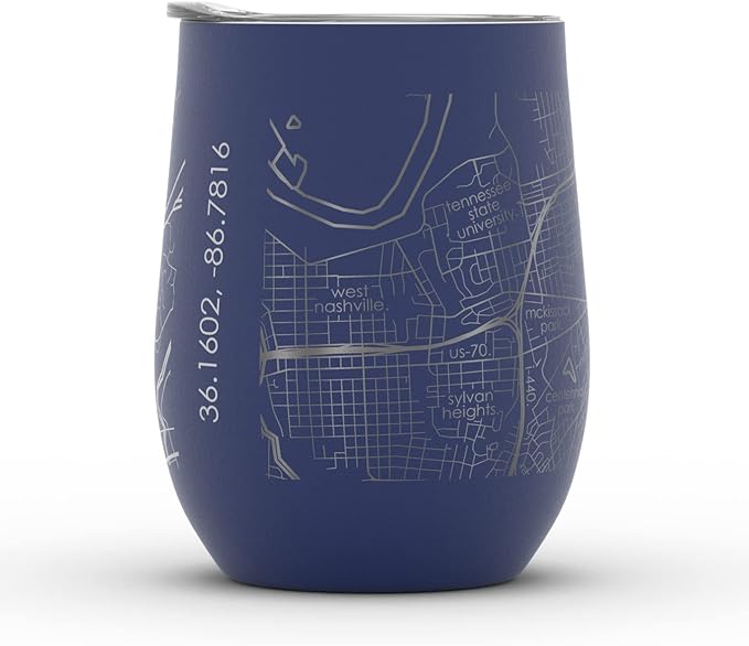 Well Told Engraved Nashville Tennessee Map Insulated Wine Tumbler, Etched Stainless Steel Cup (12 oz, Midnight Blue) City Map Insulated Tumbler, Custom Insulated Tumbler, Outdoor Drinkware