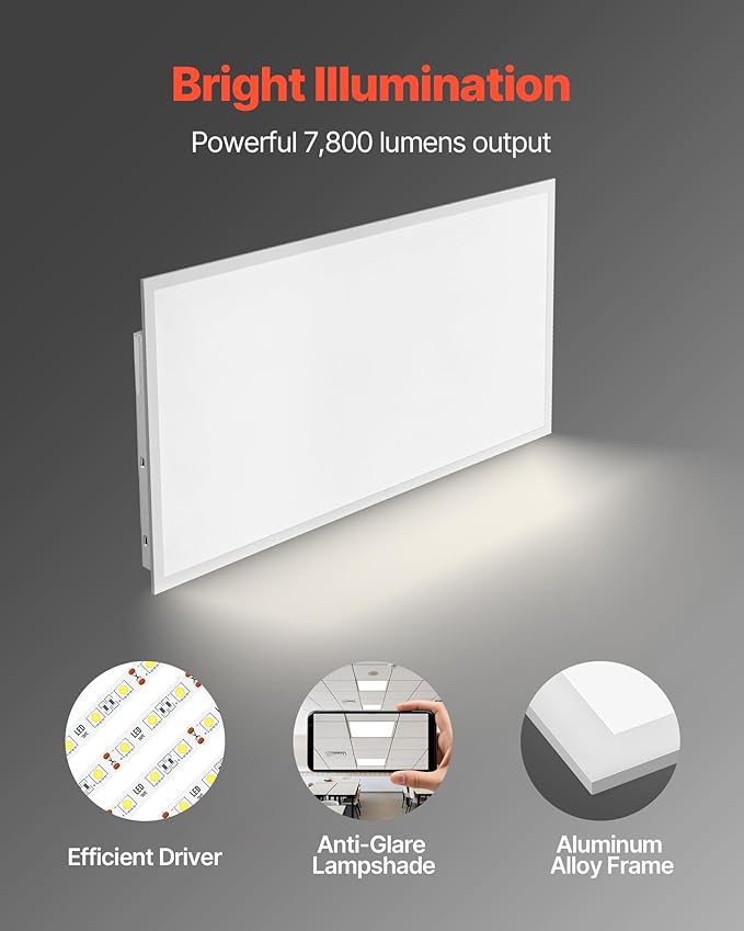 VEVOR 2x4 FT LED Flat Panel Light, 7800 LM, Flush Mount LED Drop Ceiling Lighting Fixture with 3 Color Selectable 4000K/5000K/6000K, 30W/40W/50W, 0-10V Dimmable, Ultra Slim for Home Office Kitchen