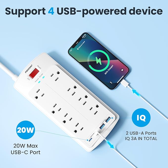 8-Outlet Surge Protector Power Strip, POWSAF 5Ft Flat Plug Extension Cord with 2 USB-C (PD 20W) Fast Charging Ports and 2 USB-A Ports for Home, Office, 2700 Joules, ETL, White
