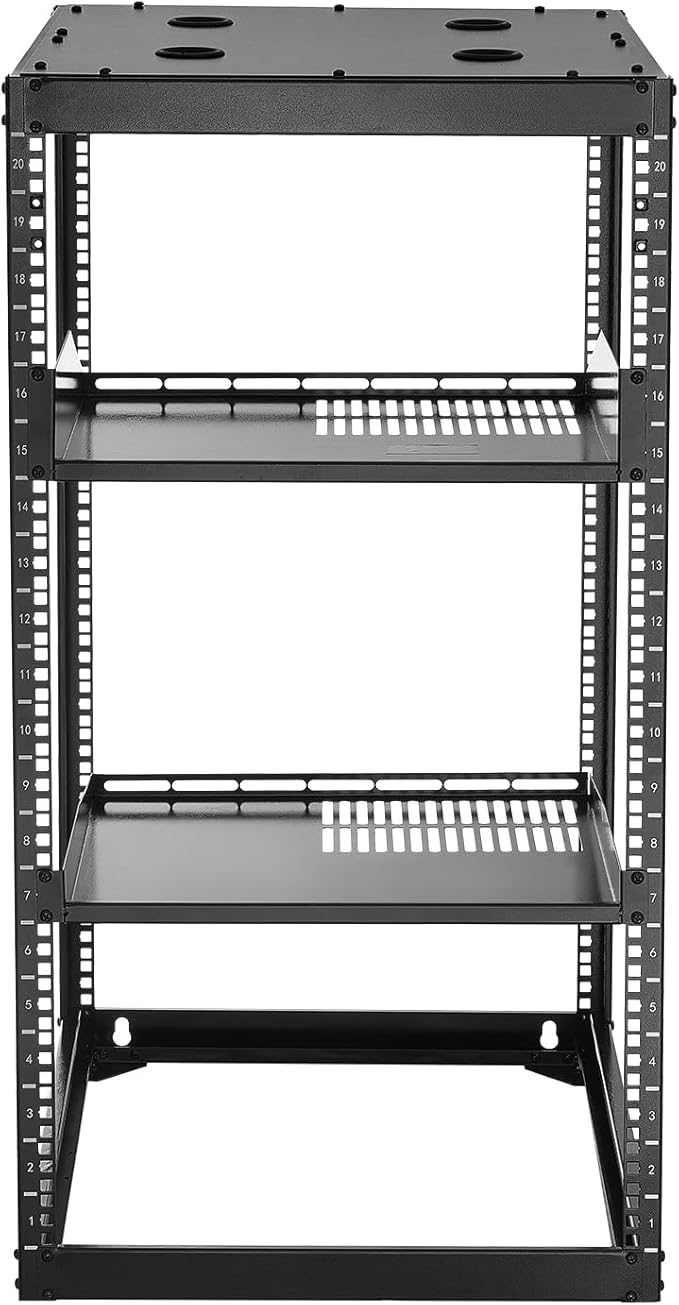 VEVOR 20U Server Rack, Open Frame Network Rack,4-Post Floor Standing or Wall Mounted, Includes 2PCS Vented 1U Rack Shelves & Mounting Hardware, Computer Wall Rack for 19" IT/AV Equipment