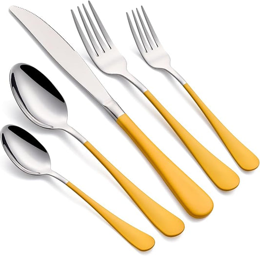 20-Piece Yellow Silverware Set 18/0 Stainless Steel Silverware Set Yellow Handle Cutlery Set Service for 4 Dinner Knives Forks Spoons Set Flatware Set Finish Dishwasher Safe