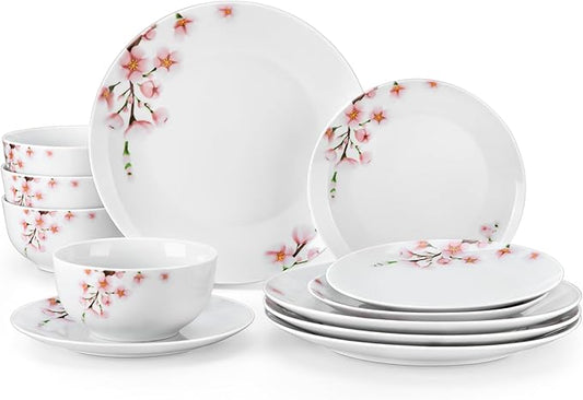 VEWEET Porcelain Dinnerware Sets for 4, 12 Pieces Plates and Bowls Set with Pink Floral, Kitchen Dishes Set Dining Ware for Family, Microwave and Dishwasher Safe, Series ANNIE