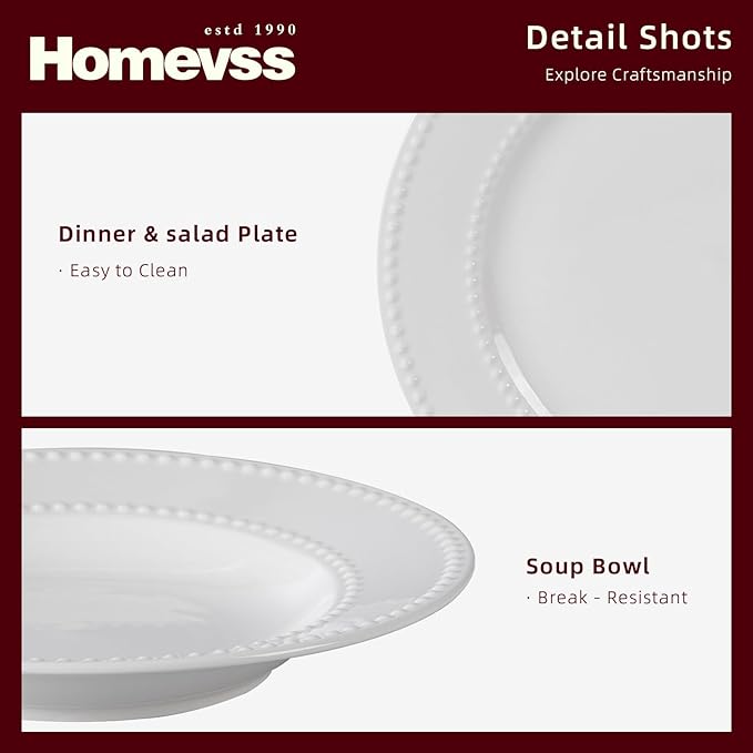 HomeVss, New Bone China Dinnerware Set, Embossed Pearl Design, 40pc Dinnerware Set