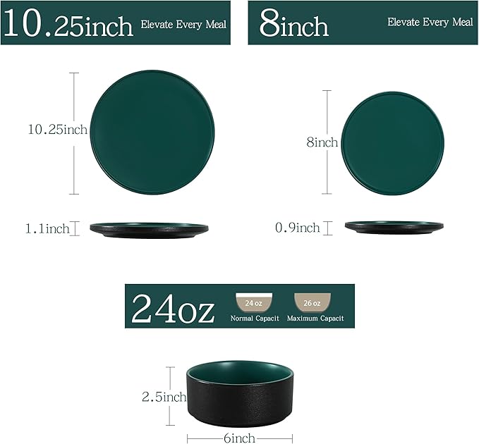 24 Piece Ceramic Dinnerware Set for 8, Modern Minimalist Stoneware Dinner Plates and Bowls, Microwave Safe, Dishwasher Safe, Versatile for All Seasons, Matte Green