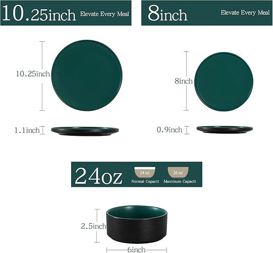 24 Piece Ceramic Dinnerware Set for 8, Modern Minimalist Stoneware Dinner Plates and Bowls, Microwave Safe, Dishwasher Safe, Versatile for All Seasons, Matte Green