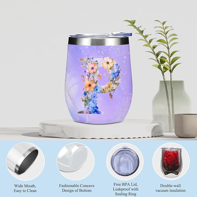 Personalized Gifts for Women Monogrammed Birthday Gifts for Women, Wife Girlfriend Wedding Christmas, Initial Wine Tumbler Makeup Bag Scented Candle Bracelet Set, (Aesthetic Purple Flower P)