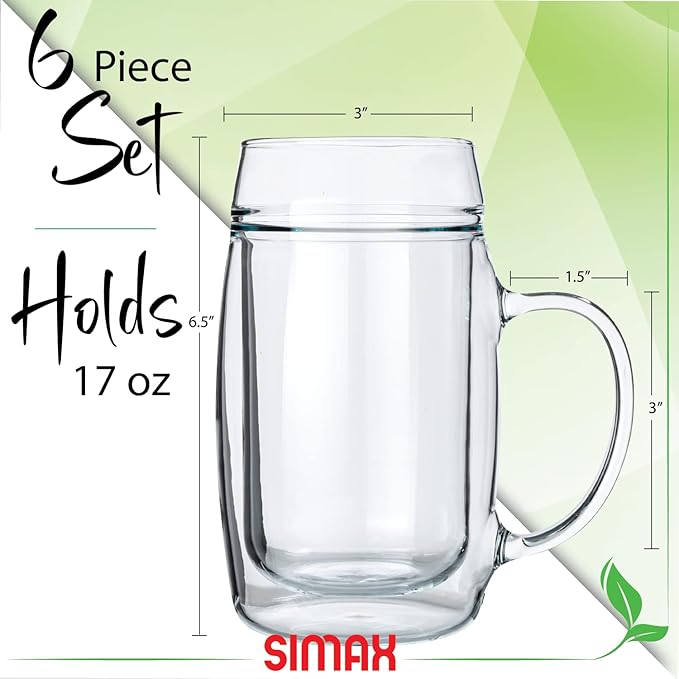 SIMAX Beer Mugs For Men: 17 oz Double Walled Glass Beer Mug - Freezable Beer Glasses - Pint Beer Mugs & Steins - Beer Mugs with Handles - Insulated Beer Glasses for Men - Beer Mugs for Freezer (6)
