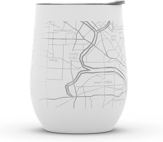 Well Told Engraved Dallas Texas Map Insulated Wine Tumbler, Etched Stainless Steel Wine Tumbler (12 oz, White) City Map Insulated Tumbler, Custom Insulated Tumbler, Outdoor Drinkware