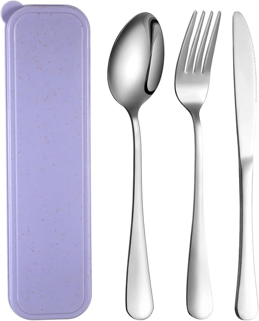 Yinkin 1 Pack Portable Travel Utensils Set with Case Reusable Stainless Steel Silverware Flatware Camping Cutlery Include Fork Spoon Knife for Work School Dishwasher Safe(Lavender Purple)