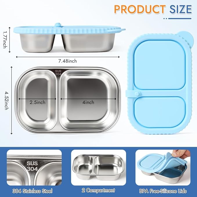 YQL 3 Pack Stainless Steel Food Containers with Colorful Silicone Lids – 2-Compartment Leakproof Lunch Snack Boxes for Meal Prep, Office, Travel, Camping – Reusable Bento Storage Set