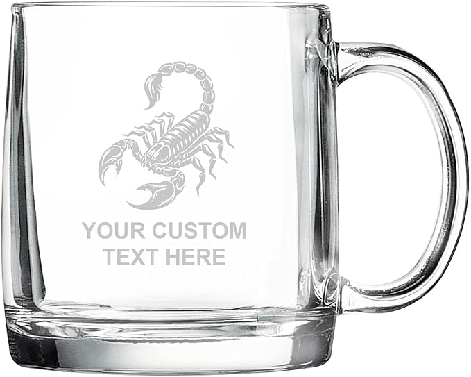 Scorpion, Personalized 12.5 oz Polar Camel Glass Coffee Desk Mug – Custom Laser Engraved Clear Cup for Tea, Espresso, Latte, Whiskey - Microwave Safe/Made in USA