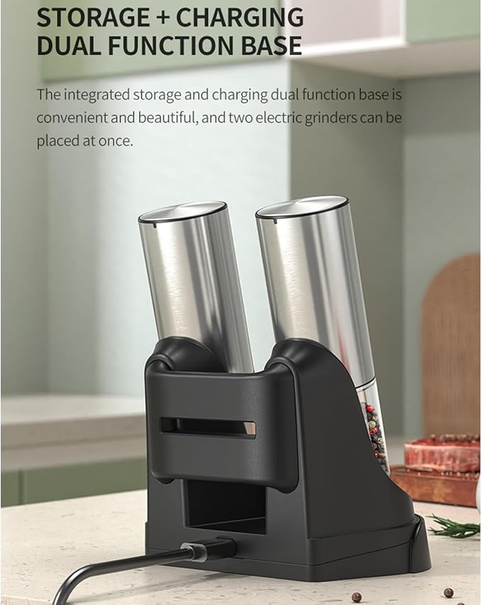 RECHARGEABLE - Electric Pepper and Salt Grinder Set, Adjustable Coarseness, With LED Light, One Hand Automatic Operation (C/Silver)