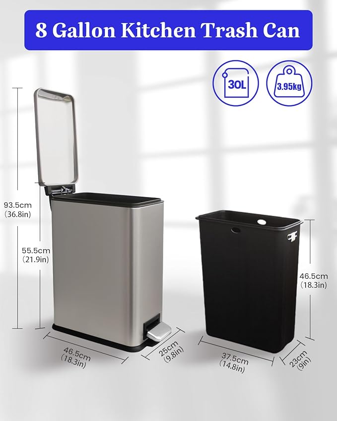 8 Gallon Slim Trash Can with Soft Close Lid, Stainless Steel Trash Can with Removal Inner Bucket, Hand -Free Trash Bin for Kitchen, Office, Laundry, Bathroom, 30 Liter Capacity, Kohler Grey