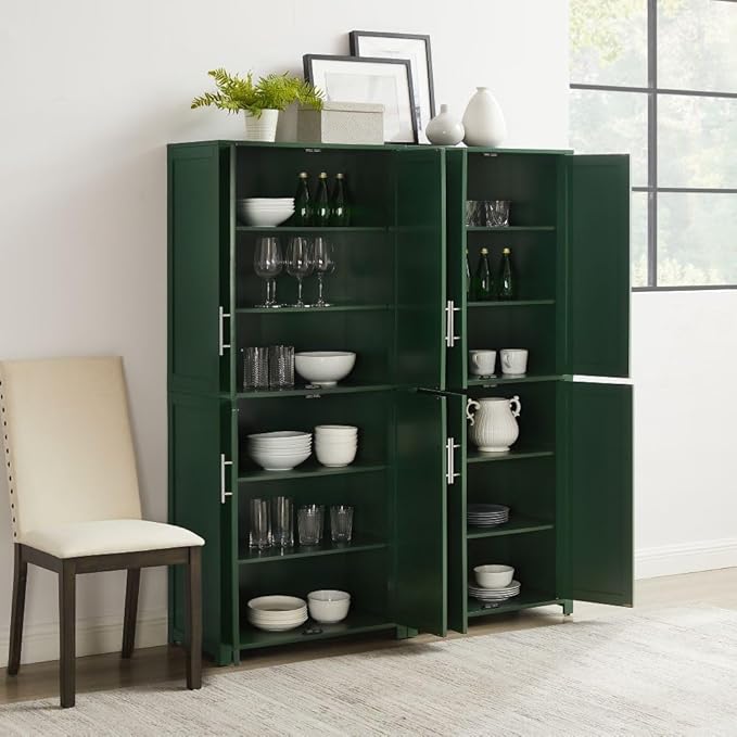 Crosley Furniture Savannah 2-Piece Pantry Storage Cabinet Set with Shelves, Kitchen, Dining, or Laundry Room, Hunter Green