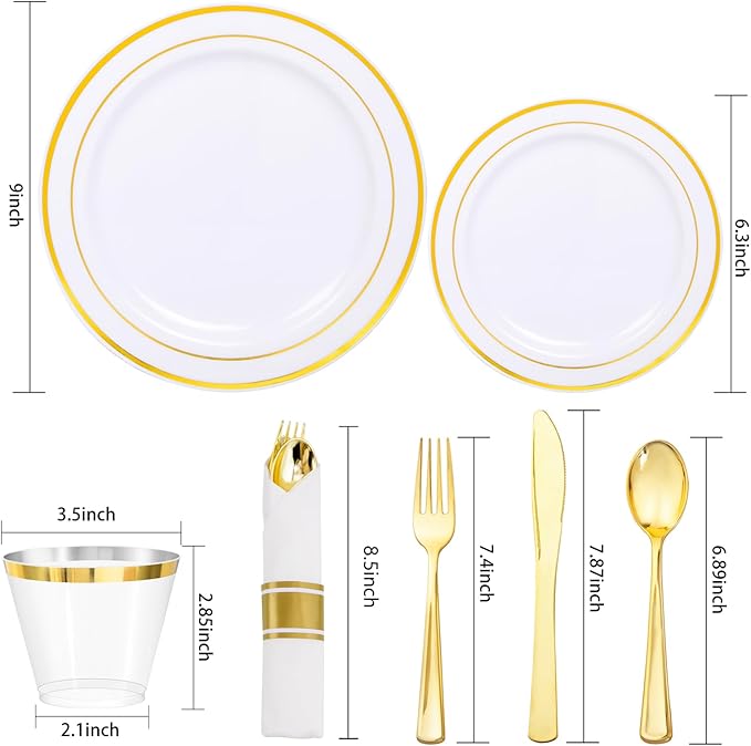 350Piece Gold Dinnerware Set for 50 Guests - Gold Plastic Plates with Disposable Cutlery Include:50Dinner Plates-50Dessert Plates-50Pre Rolled Napkins with Silverware for Christmas