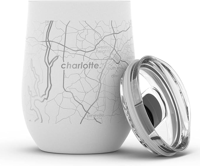 Well Told Engraved Charlotte North Carolina Map Insulated Wine Tumbler, Etched Stainless Steel Wine Tumbler (12 oz, White) City Map Insulated Tumbler, Custom Insulated Tumbler, Outdoor Drinkware