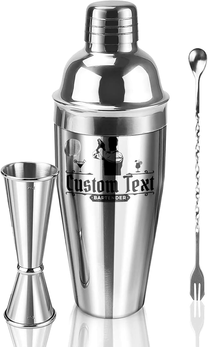 Personalized Cocktail Shaker 24oz - Custom Stainless Steel Bar Kit with Engraved Text, Built-in Strainer & Measuring Jigger & Spoon, Gift for Bartenders & Cocktail Lovers (Bartender Design)