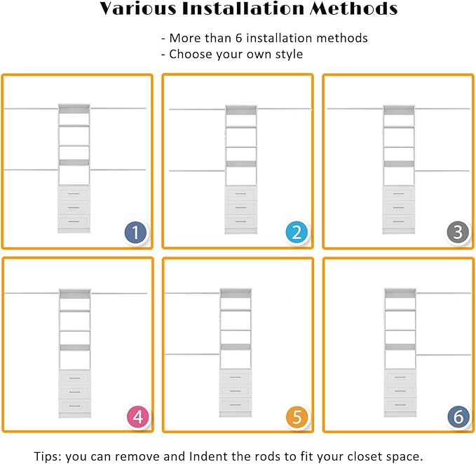 Closet System with Drawers, 5FT-8FT Custom Closet Organizer System 99" Walk in Wood Closet Storage System with 4 Expandable Hanging Rods Wall Mount White