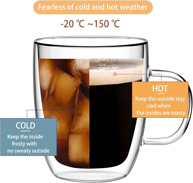 Double Wall Glass Coffee Mugs 350ml / 12oz – Set of 2 Insulated Clear Cups for Espresso, Latte, Cappuccino, Tea, Hot or Cold Drinks (12oz set of 2)