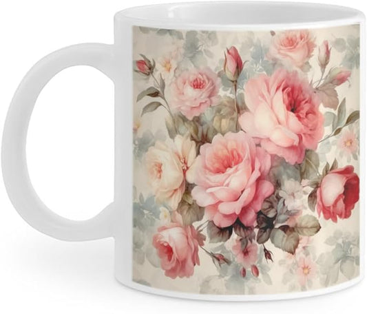 Coffee Mugs Ceramic Latte Mug with Handle Vintage Rose Pattern 11 OZ for Men Women for Latte Cappuccino Cocoa Milk Dishwasher & Microwave Safe
