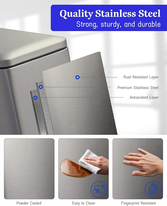 12 Gallon Slim Kitchen Trash Can, Stainless Steel Trash Can with Removal Inner Bucket and Soft-Close Lid, Pedal Garbage Can 45 Liter, Kohler Grey