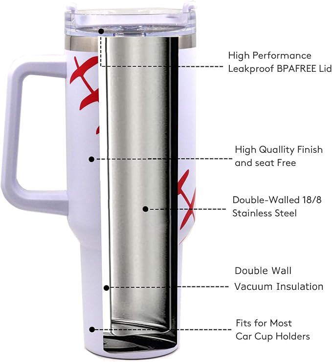 FMYWZS 40 oz Baseball Tumbler with Handle, Double Wall Vacuum Insulated Stainless Steel Cup Travel Mug with Lid and Straw, Baseball Accessories Stuff Gifts for Mom Men Boys Girls