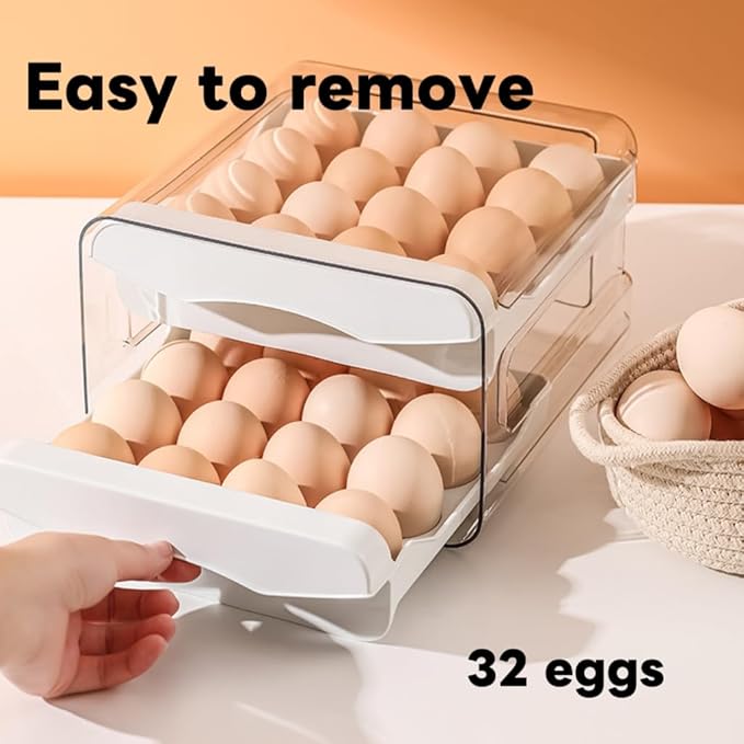 Egg Drawer for Refrigerator 32 Eggs, 2 Tier Clear Stackable Egg Holder with Drawer for Fridge, Drawer Type Egg Storage Box, Egg Tray Countertop (White)
