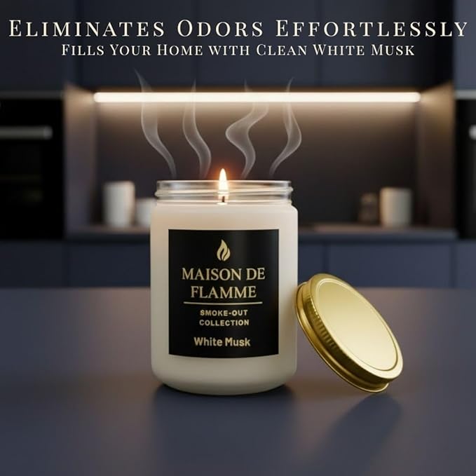 White Musk Odor-Eliminating Scented Candle, 200g/7oz White Jar – Long-Lasting Soy Wax Blend Candle for Smoke, Kitchen & Pet Odors
