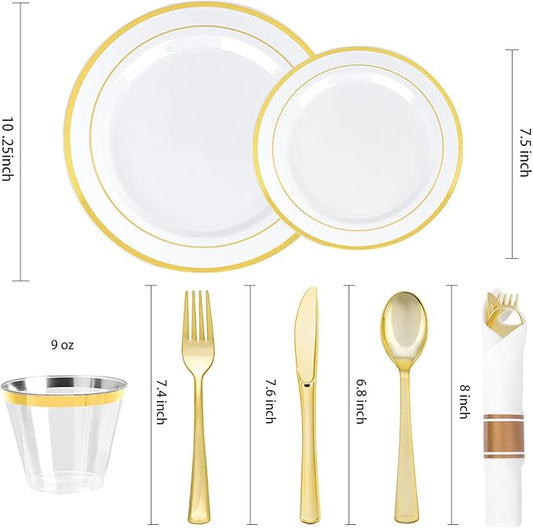 BESTVIP 700PCS Gold Plastic Dinnerware Set for 100 Guests, Disposable Plates for Party, Include: 200 Plastic Plates, 100 Pre Rolled Napkins with Gold Silverware, 100 Cups for Christmas, Halloween