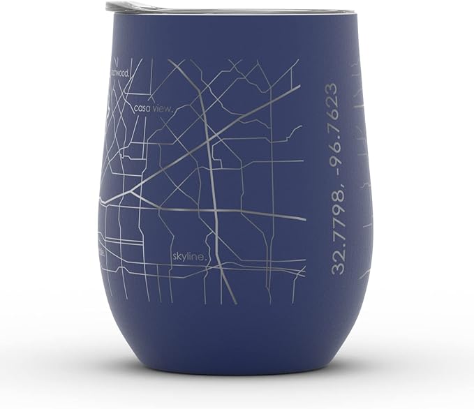 Well Told Engraved Dallas Texas Map Insulated Wine Tumbler, Etched Stainless Steel Cup (12 oz, Midnight Blue) City Map Insulated Tumbler, Custom Insulated Tumbler, Outdoor Drinkware