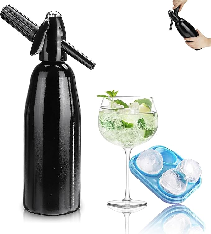Soda Siphon, 1L Portable Soda Maker Carbonated Water Maker Machine, with Ice Cube Mold, Sparkling Water Maker for Homemade Soda Water, Cocktails, DIY Sparkling Drinks, (Not Included CO2 Cartridges)