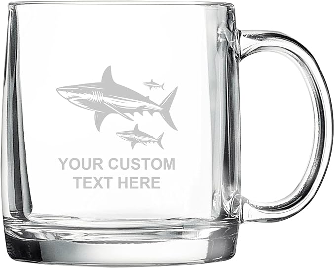 Sharks, Personalized 12.5 oz Polar Camel Glass Coffee Desk Mug – Custom Laser Engraved Clear Cup for Tea, Espresso, Latte, Whiskey - Microwave Safe/Made in USA
