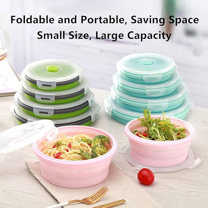 Collapsible Bowls For Camping, Set of 4 Silicone Food Storage Containers with Lids, Rv storage and organization, Rv Kitchen Accessories, BPA Free, Microwavable, Freezer, Dishwasher Safe (Round-Green)